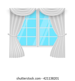 Window curtains. White curtans and windows. Vector illustration