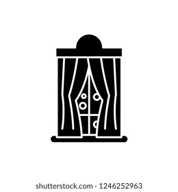 Window with curtains in winter black icon, vector sign on isolated background. Window with curtains in winter concept symbol, illustration 