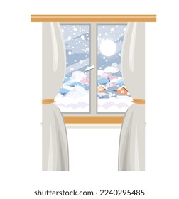 Window with curtains. Winter landscape behind the window. Cozy home. Flat vector illustration.