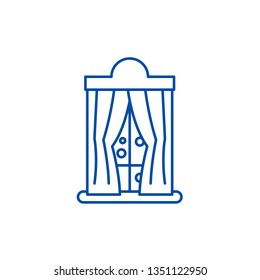 Window with curtains in winter line icon concept. Window with curtains in winter flat  vector symbol, sign, outline illustration.