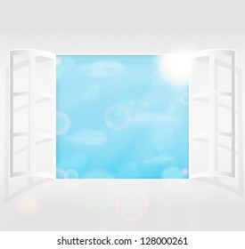 A Window, Cut Out From Paper With Real Bright Sunlight, Clouds And Blue Sky Behind It