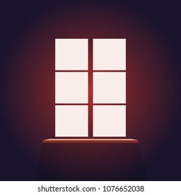 Window in a dark room with light. Dusk view, red shades. Vector illustration