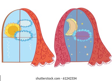  Window at day and night with sun and moon