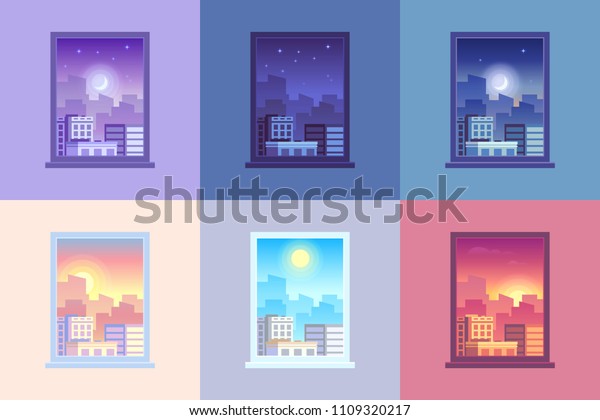Window day time view. Sunrise sun dawn\
morning noon sunset dusk afternoon day and night stars at city\
house windows apartment colorful purple orange blue pink cartoon\
vector concept\
illustration