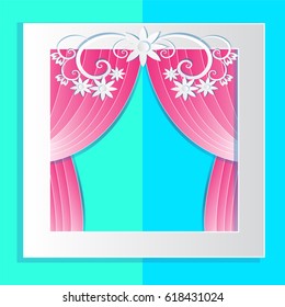 Window decorated with beautiful floral motif. And pink curtain pretty sweet vector illustration