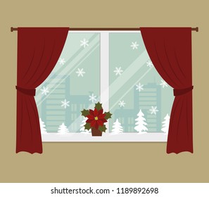 Window, decorated with Christmas decoration. There are red curtains, white snowflakes, silhouettes of Christmas trees in the picture. There is also a flower poinsettia on the windowsill. Vector image