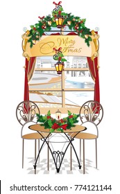 Window decorated with Christmas garland and holiday table. Hand drawn vector illustration.