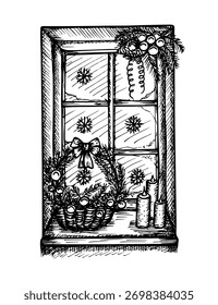 A window decorated with fir tree branches, candles, basket. Sketch illustration of Christmas holiday composition. Vector line art drawing
