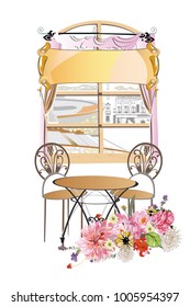 Window decorated with flowers and cafe table. Hand drawn vector illustration.