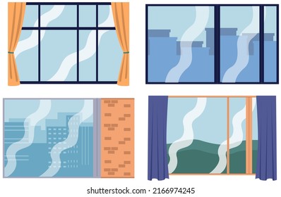 Window decorated with long curtains. House interior design element, room decoration. Wooden shutters with glass and fabric decor vector illustration. Curtains hang next to framed glass window