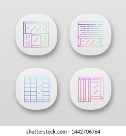 Window decoration app icons set. Cafe curtains, vertical blinds, woven wood shades, shoji panels. Shop interior design. UI/UX user interface. Web or mobile applications. Vector isolated illustrations