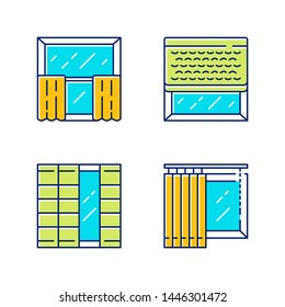 Window decoration color icons set. Cafe curtains, vertical blinds, woven wood shades, shoji panels. Home and office decoration. Shop interior design. Isolated vector illustrations