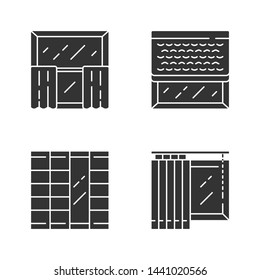 Window decoration glyph icons set. Cafe curtains, vertical blinds, woven wood shades, shoji panels. Home and office decoration. Shop interior design. Silhouette symbols. Vector isolated illustration