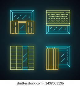 Window decoration neon light icons set. Cafe curtains, vertical blinds, woven wood shades, shoji panels. Home and office decoration. Shop interior design. Glowing signs. Vector isolated illustrations