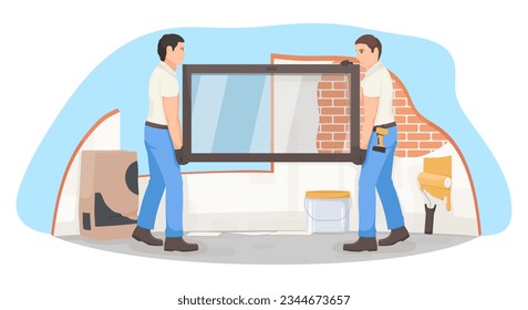Entrega de ventanas, servicio de instalación, reparación de interiores. Trabajador, instalador, constructor, renovación de casa, artesano, artesano, plástico, vidrio, construcción. Ilustración vectorial.