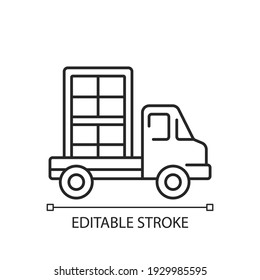 Window delivery linear icon. Customer service. Delivering building materials on construction site. Thin line customizable illustration. Contour symbol. Vector isolated outline drawing. Editable stroke