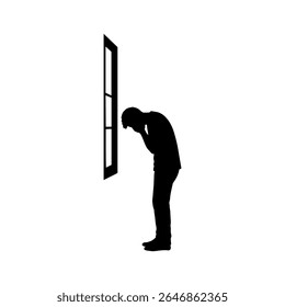 Window with depressed man silhouette vector flat illustration design.