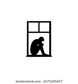 Ventana con diseño de ilustración plana de Vector de silueta de hombre deprimido.