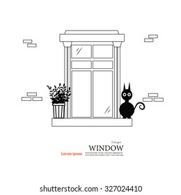  window design  with cat,tree and  brick wall background.vector illustration.