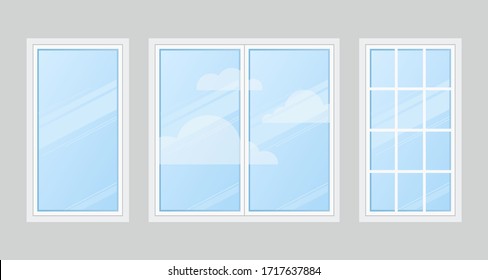 Window design clipart Set. White frames, glass, blue sky, white clouds.