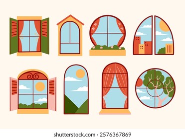 Window Design Icon Scenic Views and Styles. A collection of decorative window illustrations showcasing various designs and scenic views, including arched, circular, and framed styles