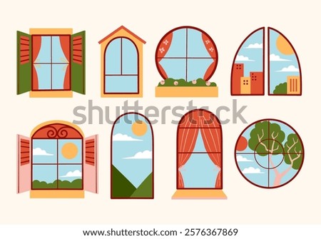 Window Design Icon Scenic Views and Styles. A collection of decorative window illustrations showcasing various designs and scenic views, including arched, circular, and framed styles