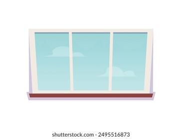 Window design icon. White frame with clean glass, wooden window sill. View scape of clear blue sky with clouds. Interior element vector flat illustration isolated on white