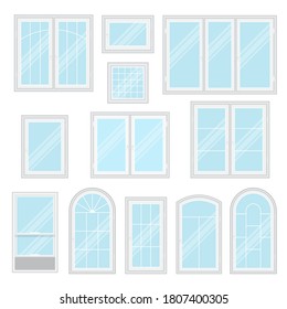 Window design. Modern glass window frame design different shape and size isolated vector set on white background. Construction element for room, office interior and exterior use illustration