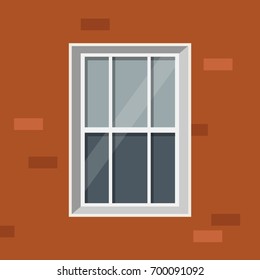 Window detailed flat illustration on the red brick wall background. Building facade exterior.