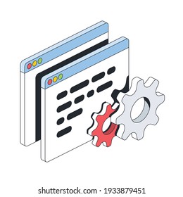 Window developer code and gears. Vector 3d line isometric, color web icons, new flat style. Creative illustration, design idea for infographics.