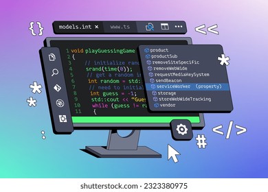 Window for developing computer programs displayed on computer. Programming and coding concept. Code on the screen. Isometric vector illustration