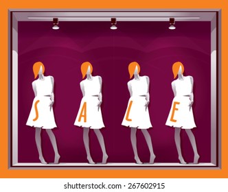 window display with mannequins and text SALE on a purple background 