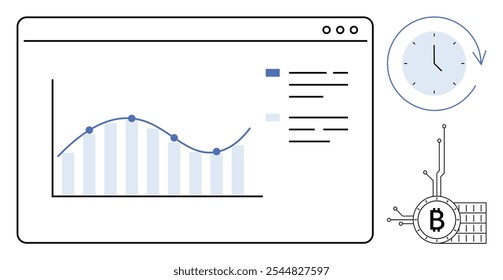 A window displaying a line chart with data points a clock icon, and a Bitcoin symbol on a white background. Ideal for financial analysis, cryptocurrency monitoring, blockchain technology, investment
