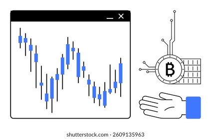 A window displays a crypto market candlestick chart with blue bars. A hand and a Bitcoin symbol, integrated with circuitry, are shown on the side. Ideal for finance, cryptocurrency, blockchain