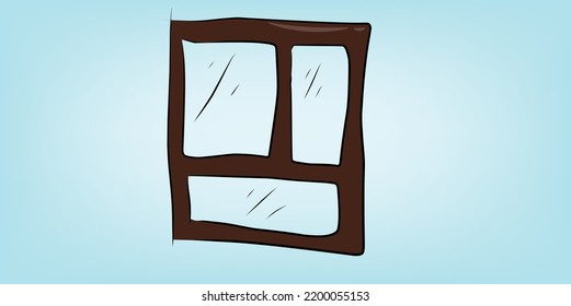 window doodle hand drawing windows with three glass brown door with blue background