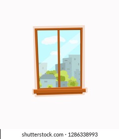 Window and door cartoon colorful vector illustration with urban city architecture buildings landscape with trees, sky. House apartment entrance corridor flat design. Home exit interior view concept.