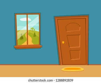 Window and door cartoon colorful vector illustration valley summer sun landscape with road, trees green field. House apartment entrance corridor flat design. Home exit interior view freedom conce