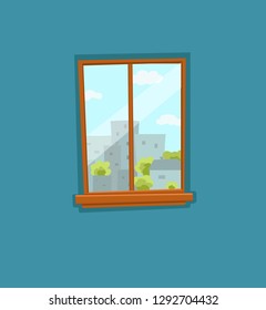 Window and door cartoon colorful vector illustration with urban city architecture buildings landscape with trees, sky. House apartment entrance corridor flat design. Home exit interior view concept.