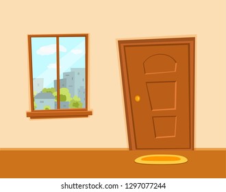 Window and door cartoon colorful vector illustration with urban city architecture buildings landscape with trees, sky. House apartment entrance corridor flat design. Home exit interior view concept.