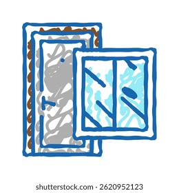 Vector de boceto de icono de doodle de ventana y puerta. Muestra de ventana y puerta. Ilustración de símbolo aislado