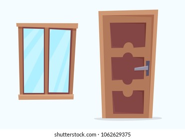 Window And Door. Flat Cartoon Style Vector Illustration.