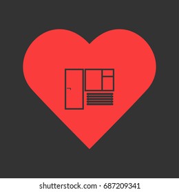 Window and door icon flat. Simple pictogram on heart background. Vector illustration symbol