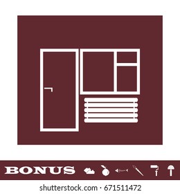 Window and door icon flat. White pictogram on brown background. Vector illustration symbol and bonus icons