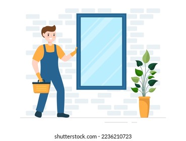 Window and Door Installation Service with Worker for Home Repair and Renovation use Tools in Flat Cartoon Hand Drawn Template Illustration