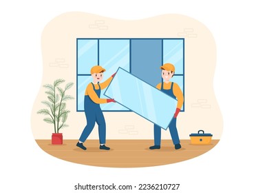 Window and Door Installation Service with Worker for Home Repair and Renovation use Tools in Flat Cartoon Hand Drawn Template Illustration