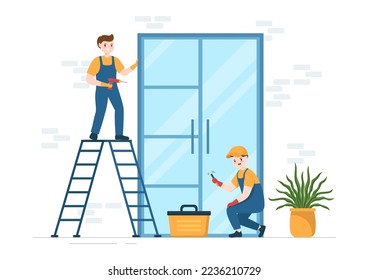 Window and Door Installation Service with Worker for Home Repair and Renovation use Tools in Flat Cartoon Hand Drawn Template Illustration