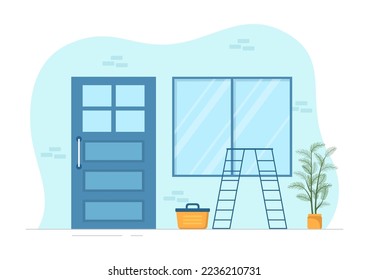 Window and Door Installation Service with Worker for Home Repair and Renovation use Tools in Flat Cartoon Hand Drawn Template Illustration