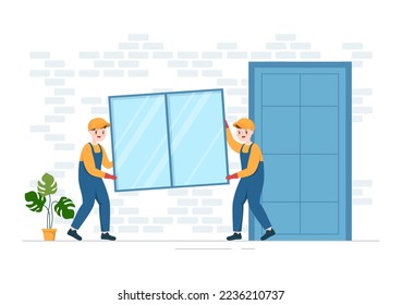 Servicio de instalación de ventanas y puertas con Trabajador para reparación y renovación del hogar utilice Herramientas en Ilustración de plantillas dibujadas a mano de dibujos planos de caricatura plana