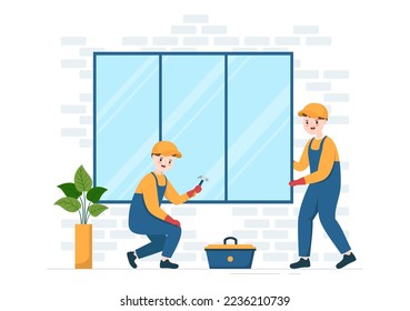 Window and Door Installation Service with Worker for Home Repair and Renovation use Tools in Flat Cartoon Hand Drawn Template Illustration