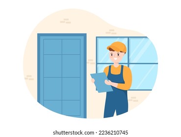 Window and Door Installation Service with Worker for Home Repair and Renovation use Tools in Flat Cartoon Hand Drawn Template Illustration